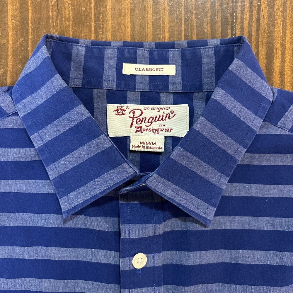 ORIGINAL PENGUIN Button Up Shirt Mens Medium Blue Striped Short Sleeve Classic - Picture 4 of 8